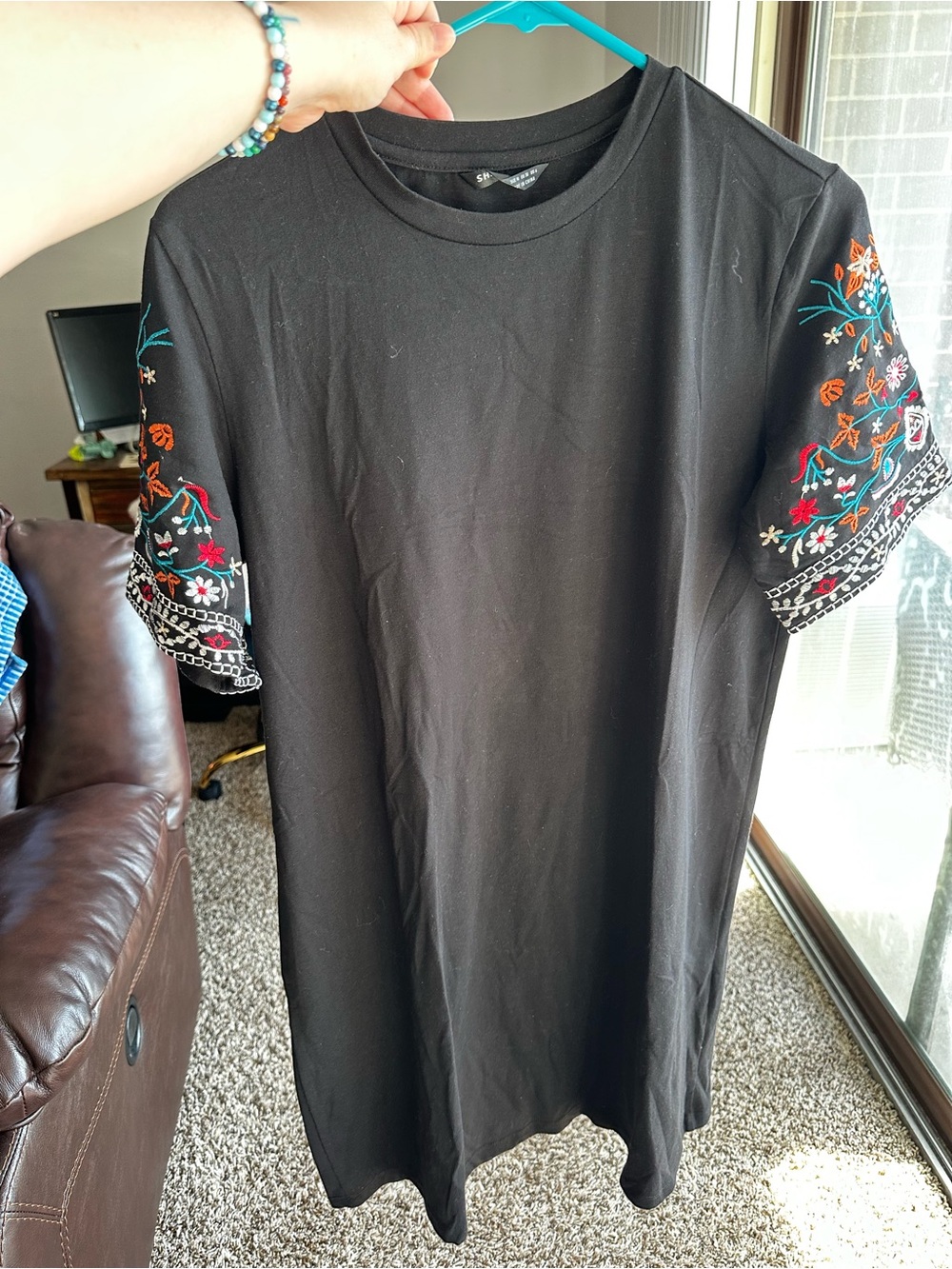 SHEIN Black Short Sleeve Dress with Multicolor Embroidered Sleeves